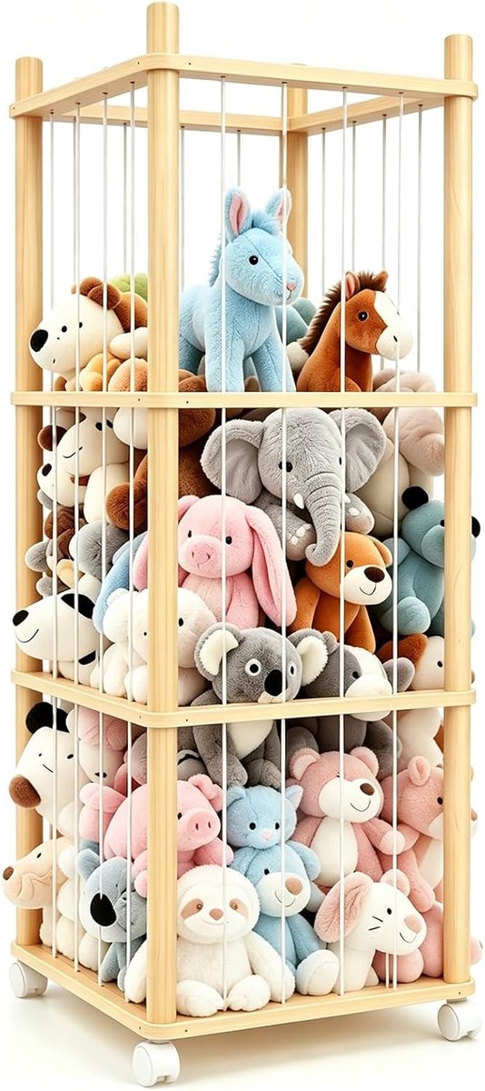 SnelShoppen - Houten Opbergdoos voor Knuffeldieren met Grote Capaciteit, Pluche Dieren-Organizer met 360° Remwielen, Ruimtebesparende Speelgoedbox voo