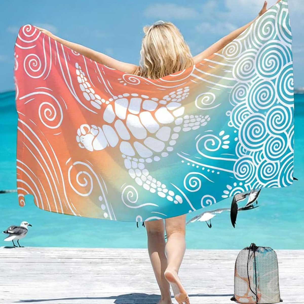 SnelShoppen - Microfibre Strandlaken 180x100 cm, Sneldrogend, Zandvrij, Met Opbergtas, Grote Vrouwen Strandhanddoek voor Strand, Zwembad, Sport (Zeesc