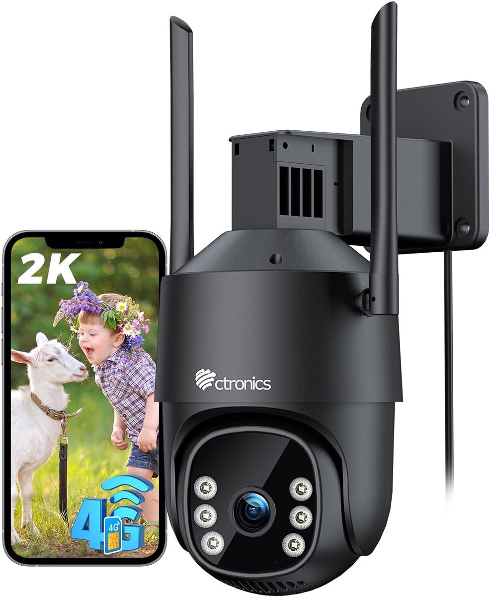 SnelShoppen - 4G LTE Buiten Beveiligingscamera met SIM Kaart, 2K PTZ IP Camera Zonder WLAN, KI Mensenherkenning & Auto Tracking, 24/7 Opname, Kleur Na