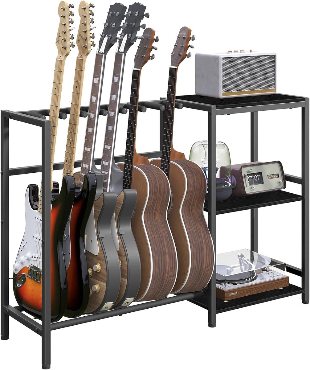 SnelShoppen - Gitaarstandaard voor 5-6 Snaren, Meerdere Instrumenten Houder, Gitaar Rack met Planken voor Platen, Zwart met Antislip Rubber Pads