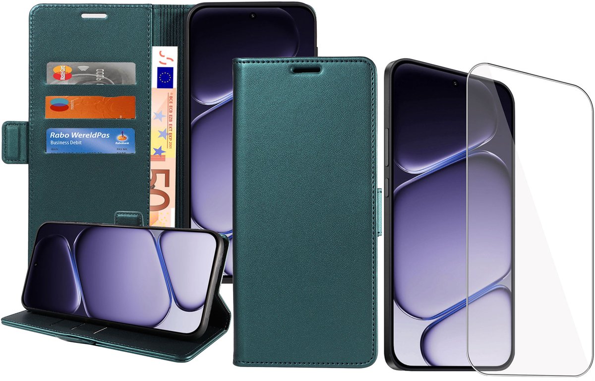 Book Case & Screenprotector geschikt voor OnePlus Nord 6 Hoesje Screenprotector - Gehard Glas Cover + Magnetische Sluiting - Portemonnee Turqoise
