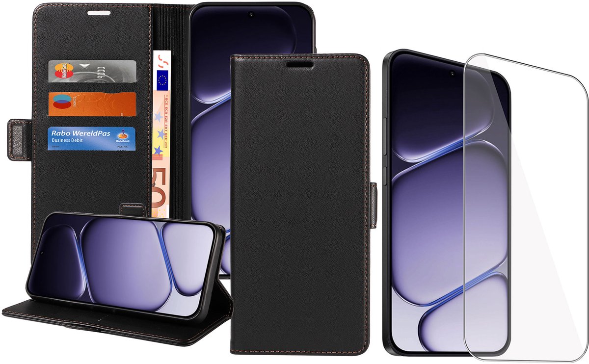 Book Case & Screenprotector geschikt voor OnePlus Nord 6 Hoesje Screenprotector - Gehard Glas Cover + Magnetische Sluiting - Portemonnee Rustic Zwart