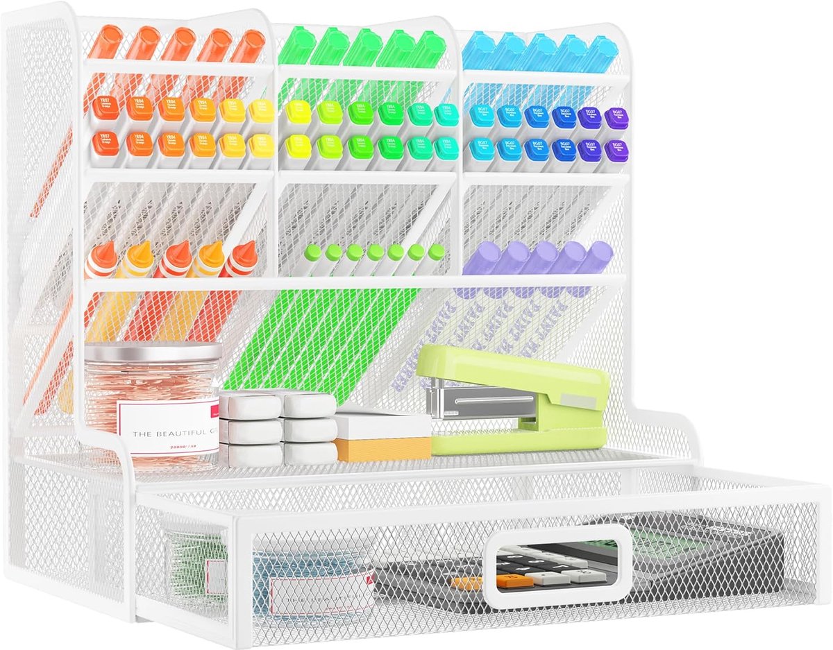SnelShoppen - VITVITI Mesh Bureau Organizer met Lade, Pennenhouder voor Opgeruimd Bureau, Stationery Organiser, Kunst School Benodigdheden, Kantoor Ac