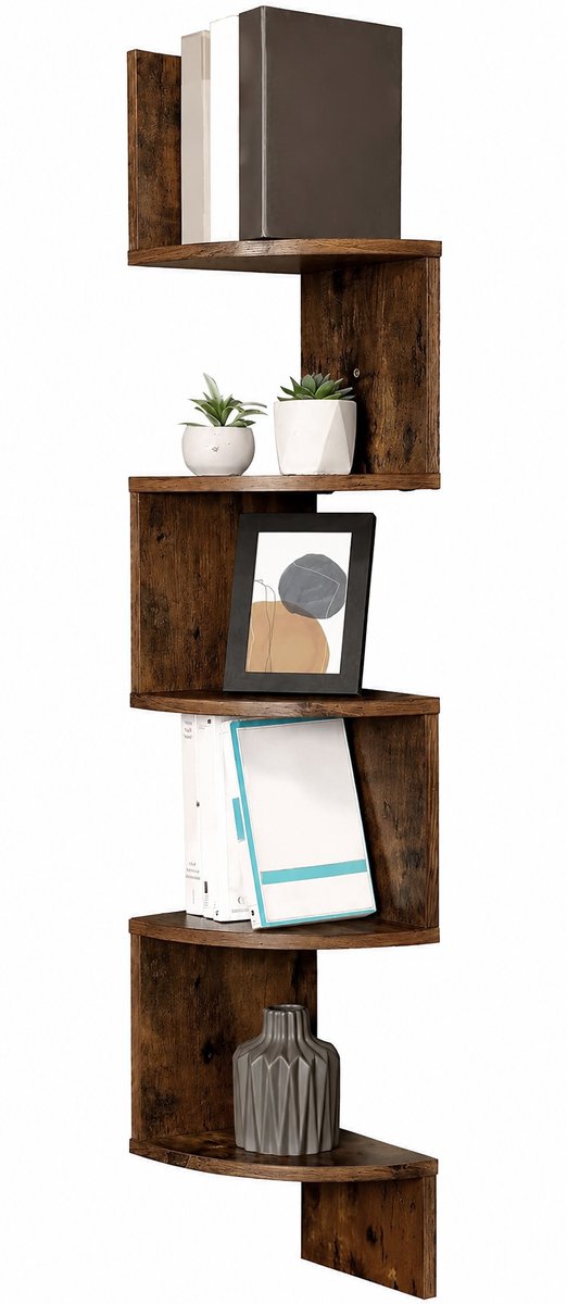 Hoekplank Met 5 Niveaus - Zigzag Wandplank / Zwevende Boekenkast - Ruimtebesparend Hoekrek Voor Boeken, Decoratie En Planten - Rustiek Bruin Voor Keuken, Slaapkamer, Woonkamer En Kantoor