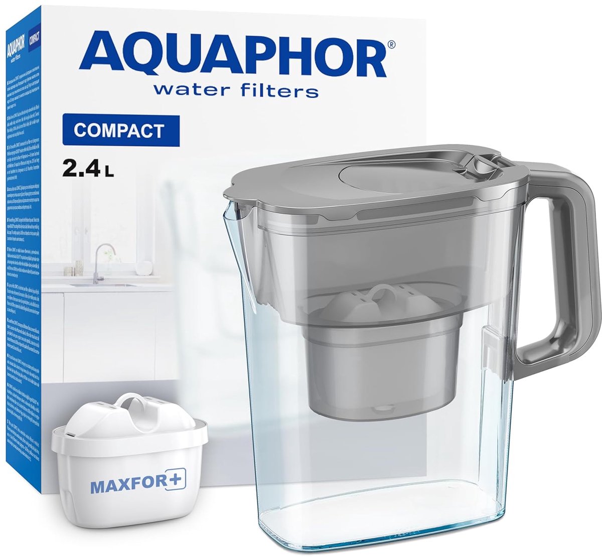 SnelShoppen - Waterfilterkan Compact Grijs met 1 Maxfor+ Filter - 2.4 Liter - Vermindert Kalk, Chloor & Zware Metalen - Lichtgewicht & Past in de Koel