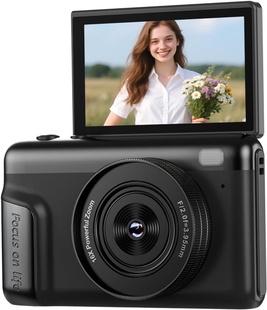 SnelShoppen - 4K 64MP Digitale Camera - 16X Zoom Compact Camera met 2 Inch Flip Display voor Beginners en Tieners - Mini Retro Vlog Camera zonder SD K