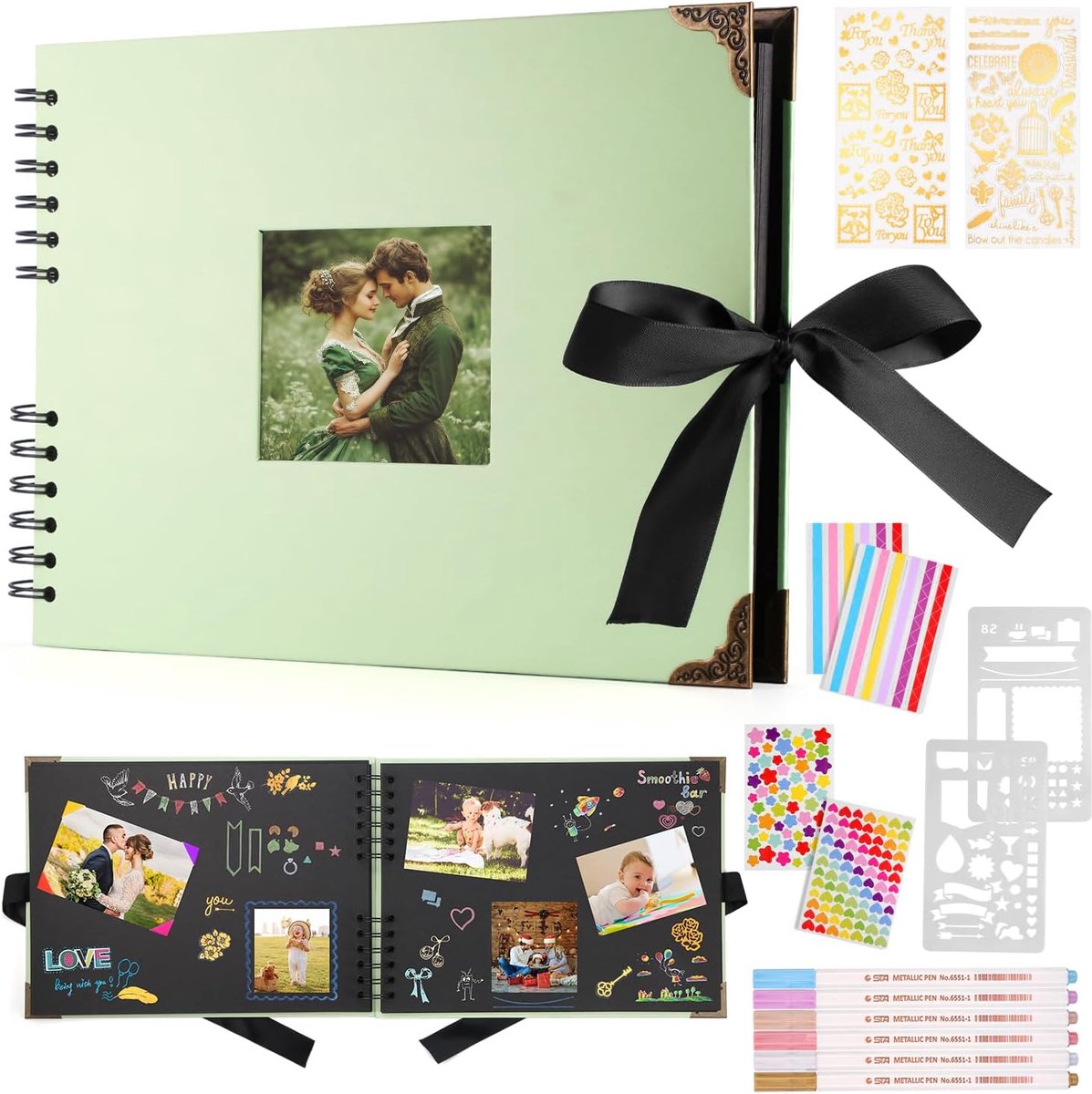 SnelShoppen - Photo Album 29.5x21 cm voor DIY Design, Zwart Scrapbook met 80 Pagina's, Inclusief 6 Metallic Kleurmarkers, Gastboek voor Verjaardag en