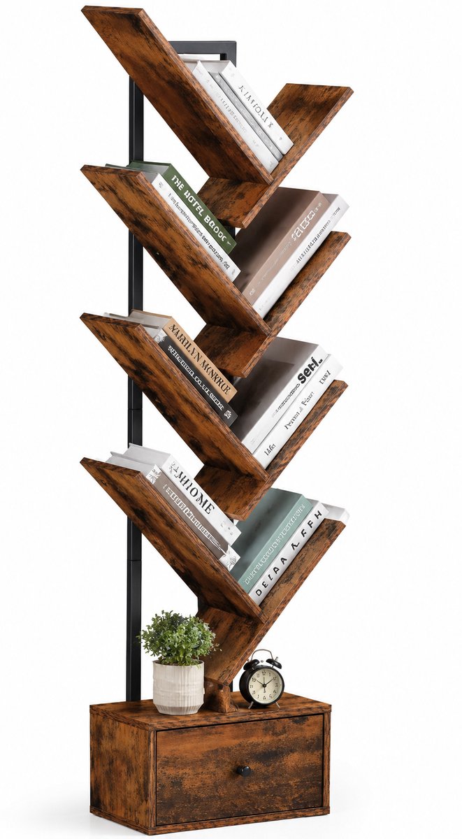 Boomvormige Boekenkast Met Lade - 9-Laags Vrijstaand Boekenrek - Smalle Boekentoren Voor Boeken, DVD's En Decoratie - Vintage Bruine Opbergkast Voor Woonkamer, Slaapkamer En Thuiskantoor