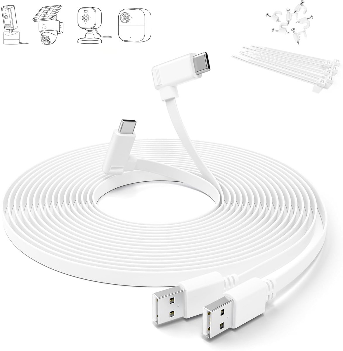 SnelShoppen - USB C Extension Kabel Plat 9M Set van 2 - 90 Graden Extra Lange USB C Verlengkabel voor Beveiligingscamera's, Wit, Ideaal voor Binnen- e