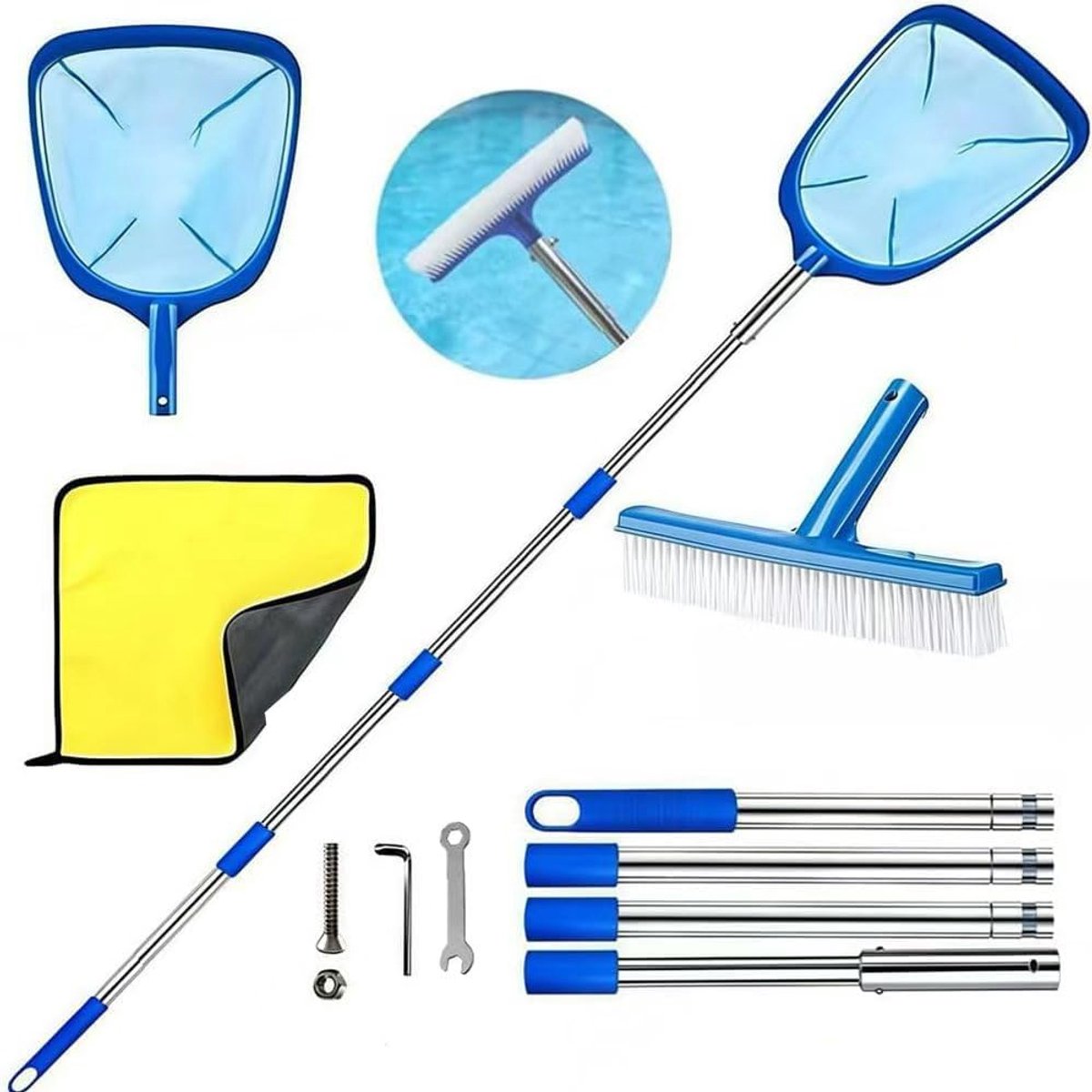 SnelShoppen - Pool Landing Net met Verstelbare Telecopische Stok, Vijvernet met Fijn Gaas, Bladennet, Pool Reinigingsset voor Zwembad, Spa, Vijver en