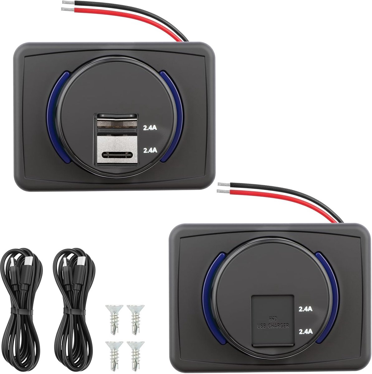 SnelShoppen - 2 Pack 12V USB Oplaadpunt 2 Poort 36W PD & 18W QC3.0 Snellader voor Auto, Motor, RV en Truck - Waterproof Met LED Indicator - Zwart