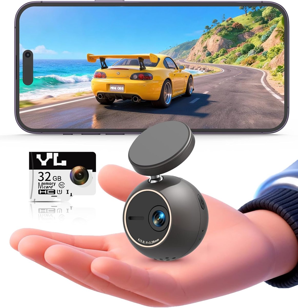 SnelShoppen - Dashcam 2K met Spraakbesturing - Mini Bol Vorm, 360° Rotateerbare Montage, 32GB SD Kaart, WLAN & App, G-Sensor, Nachtzicht, 24-Uur Parke