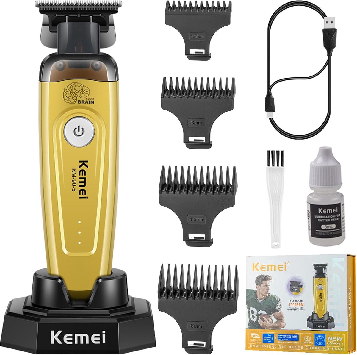 SnelShoppen - Professionele Haar- en Baardtrimmer voor Mannen, Draadloze Kappersschaar met DLC Blad, 7500rpm, Oplaadbasis en 4 Kammen (1.5/3/4.5/6 mm)