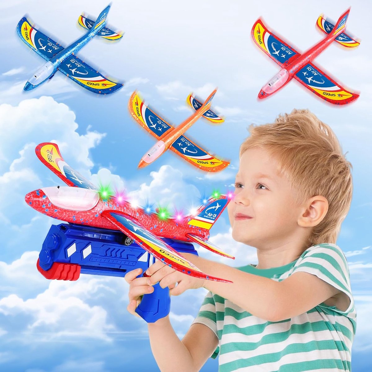 SnelShoppen - Airplane Toy Foam Glider Set 3 Pack LED Met Catapult Gun - Styrofoam Vliegtuig Speelgoed Voor Kinderen 3-10 Jaar - Perfect Voor Buiten S