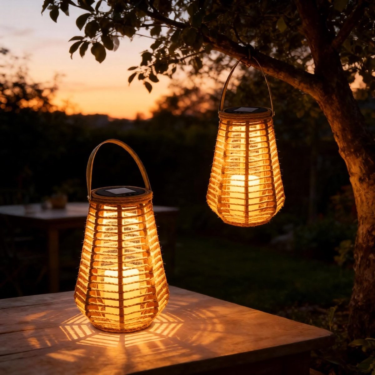 SnelShoppen - Set van 2 Lantaarns op Zonne-energie voor Buiten - Gevlochten Tuinlampen met Automatische In- en Uitschakeling - Warm Wit - Waterdicht v