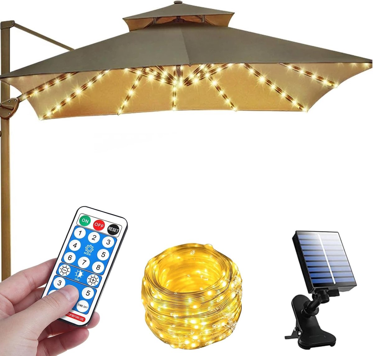 SnelShoppen - Solar Parasol Lichtsnoer 104 LEDs met Afstandsbediening, Waterdichte Tuinverlichting voor Camping en Parasoldecoratie, 8 Modi, IP67, Zon