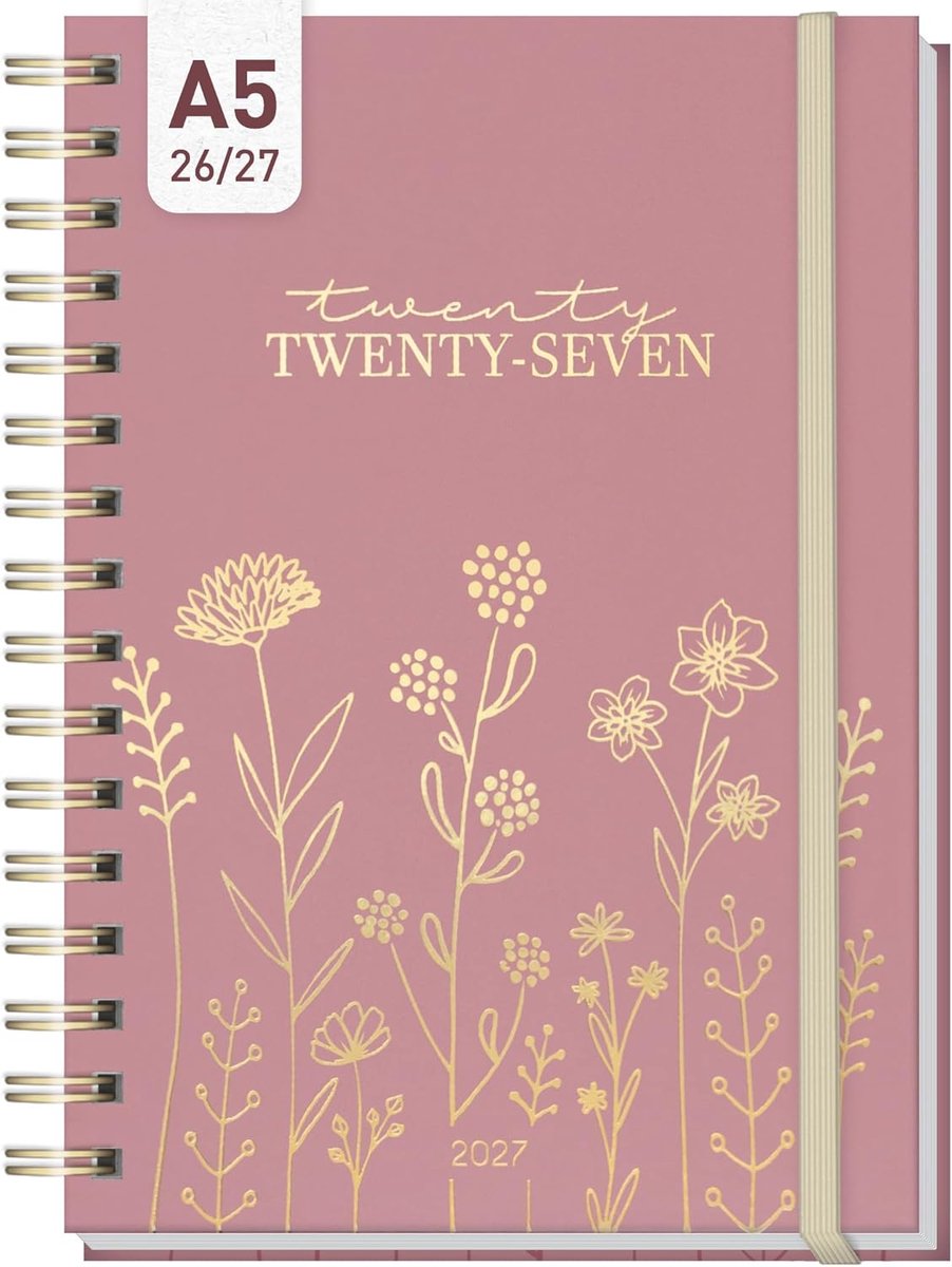 Thijox - Ringband Kalender 2026/2027 A5 Engelse Weekplanner met Spiraalbinding - 17 Maanden Fine Flowers Rosé - Meertalig IT/FR/ES