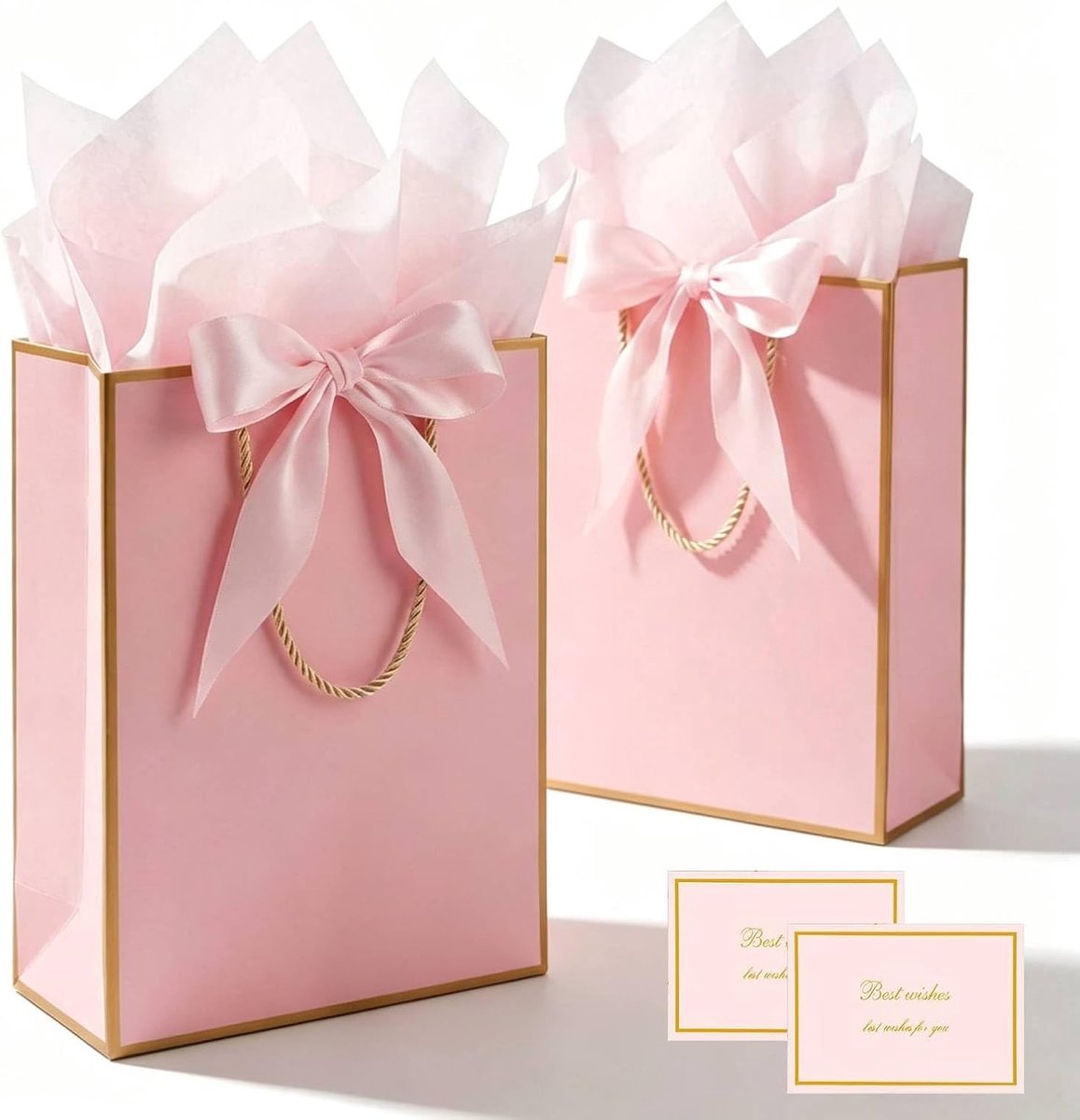 SnelShoppen - Cadeautasjes Set 2pcs met Handvatten en Lint, Middelgrote Papieren Cadeautasjes in Roségoud voor Verjaardagen, Feestdagen en Speciale Ge
