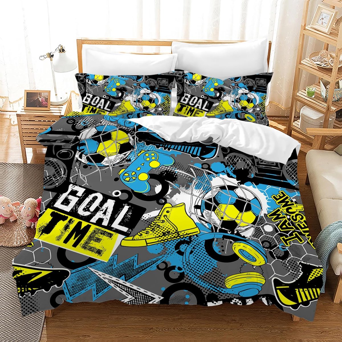 SnelShoppen - Voetbal Dekbedovertrek 220 x 240 cm voor Kinderen - 2-Persoons Bedset - Microfiber Katoen - Inclusief 2 Kussenslopen 50 x 75 cm - Perfec