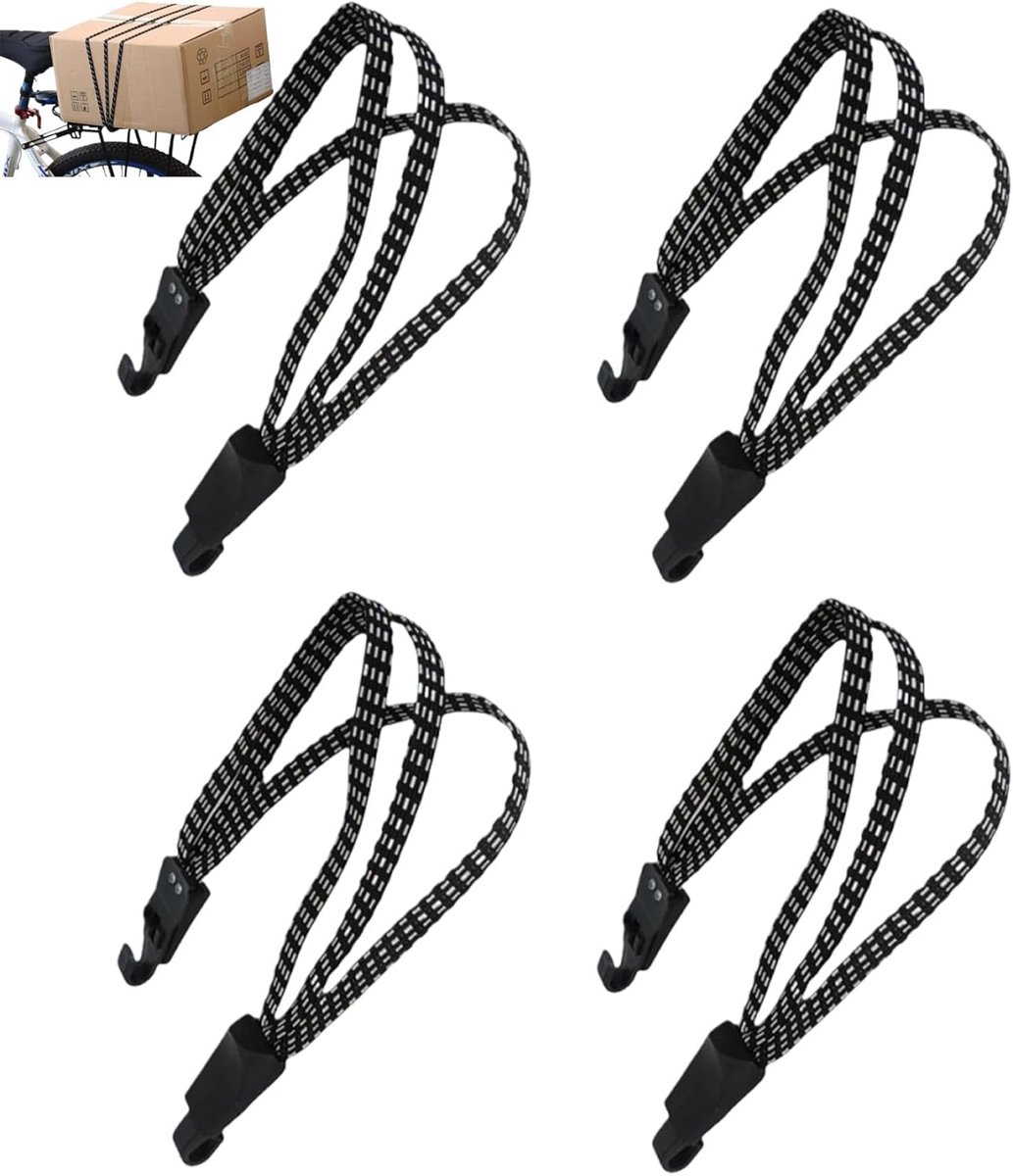 SnelShoppen - Fietsspanbanden voor bagagedrager, 4 stuks elastische bagagespanners met haken, verstelbare spanrubbers voor fiets, motorfiets, camping,