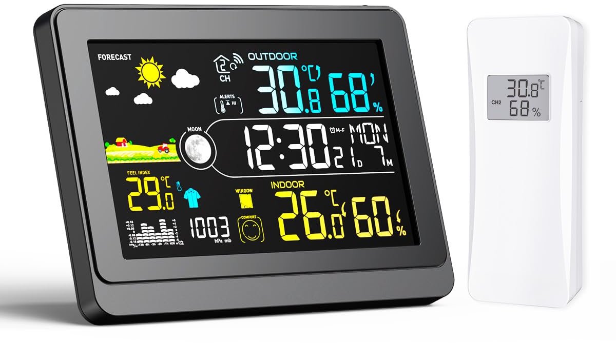 SnelShoppen - Draadloos Weerstation met Buitensensor, Binnen-/Buitentemperatuur, Luchtvochtigheid, Gevoelstemperatuur, Vorstwaarschuwing, DCF-Radioklo