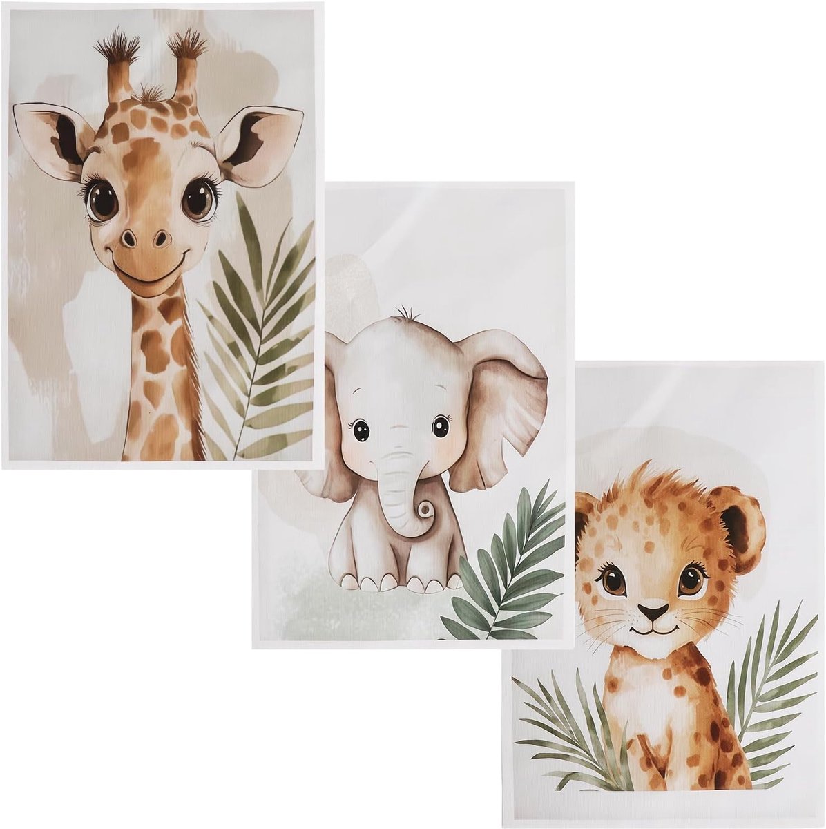 SnelShoppen - 3 Stuks Canvas Posters Kinderen 30x20 cm - Wanddecoratie met Safaridieren - Olifant, Giraf, Leeuw - Kinderkamer, Babykamer, Dierenafbeel