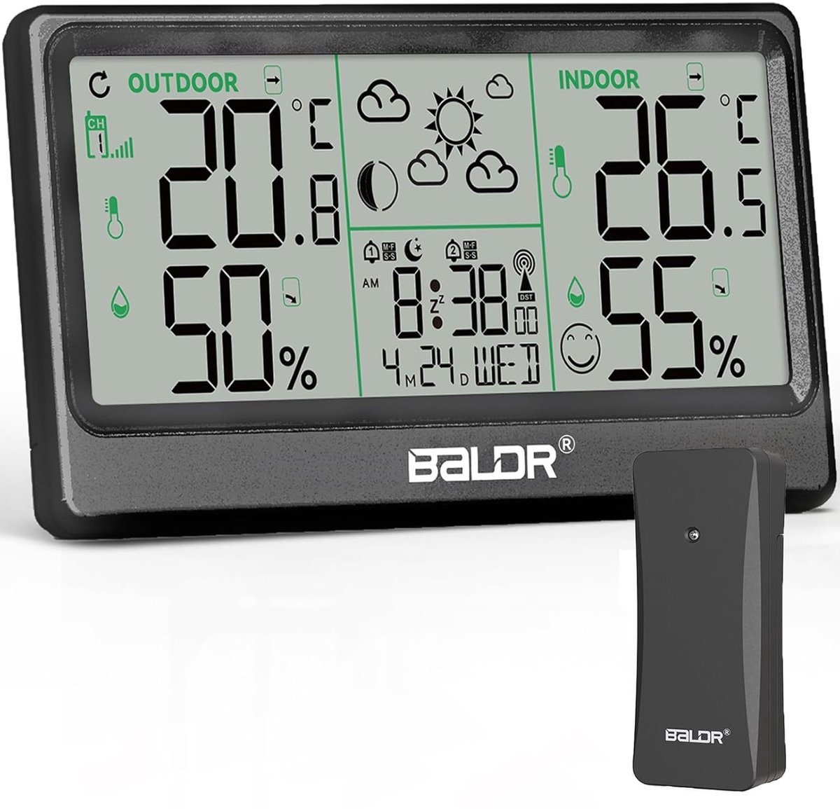 SnelShoppen - Draadloos Weerstation 8,5 Inch - Thermometer, Hygrometer, Barometer, Binnen en Buiten, 12 Maanfasen, Atoomklok, Weersvoorspelling, Digit