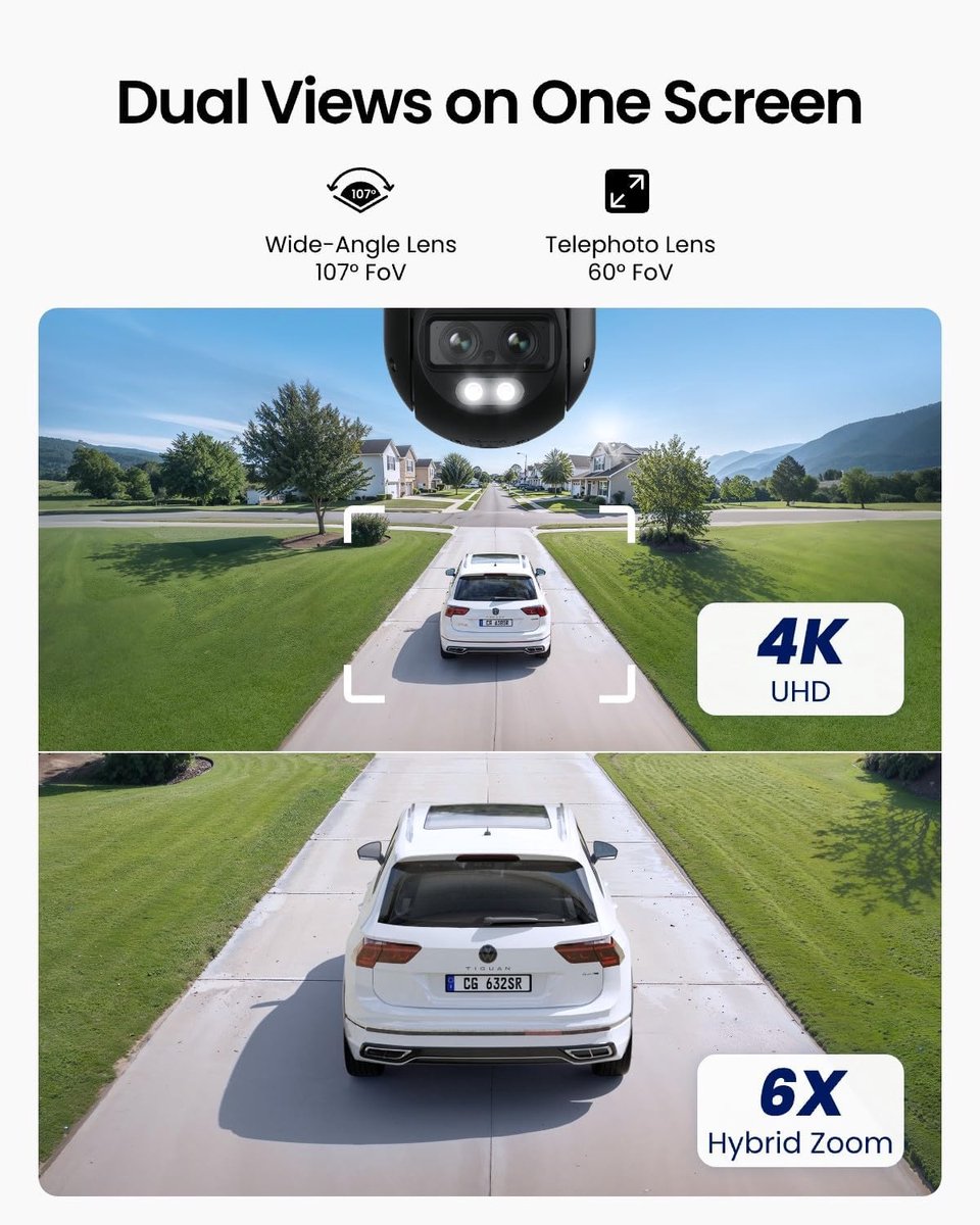 Thijox - 4K Wi-Fi 6 PTZ Beveiligingscamera Buiten met Dubbele Lens, 6X Hybride Zoom, Detectie van Personen/Voertuigen/Dieren, Kleurennachtzicht, Track