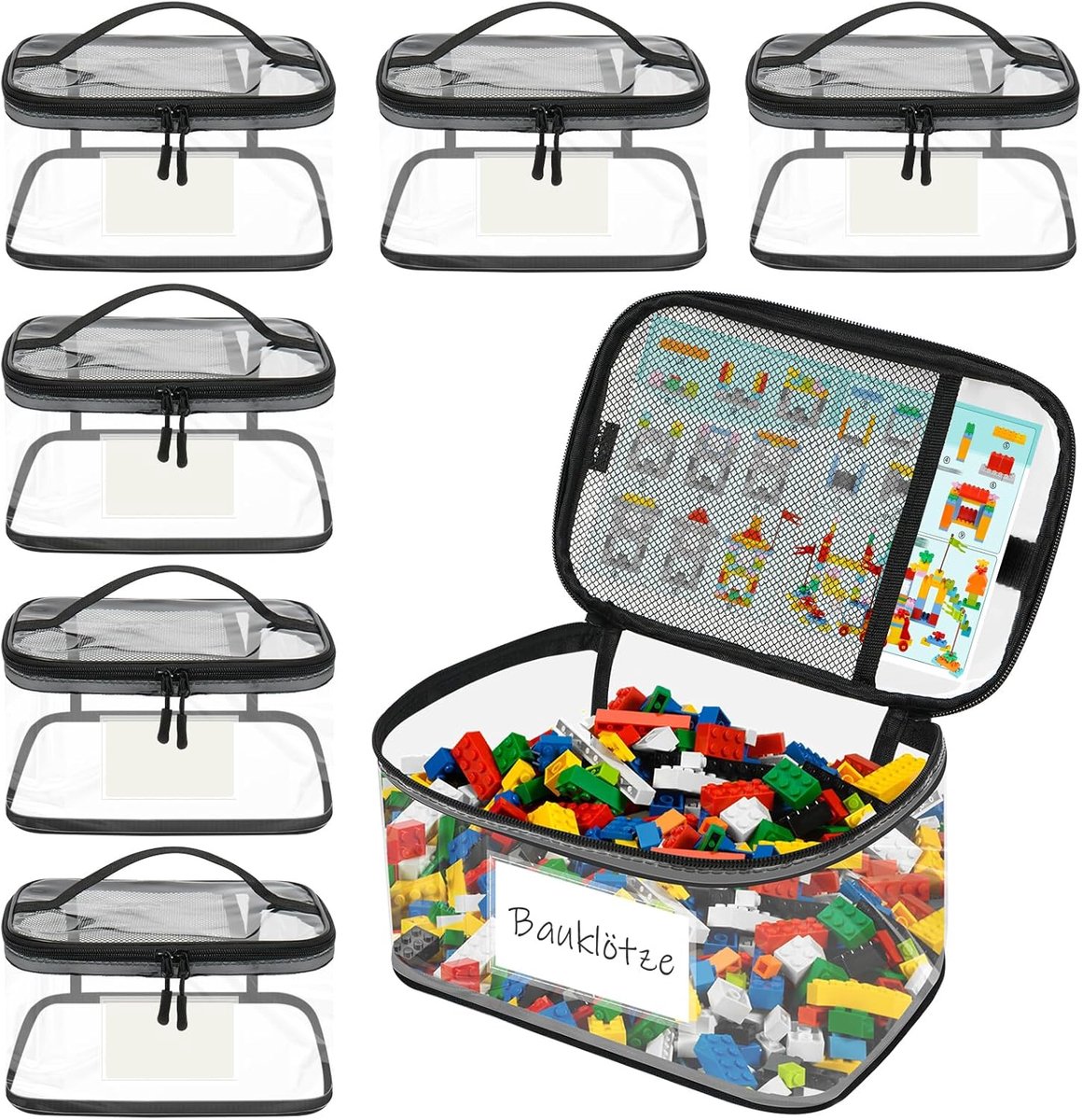 SnelShoppen - 6 stuks speelgoedopbergzakken met naamplaatje, waterdichte doorzichtige PVC opbergzakken met rits voor bouwstenen, puzzels, klei, bordsp