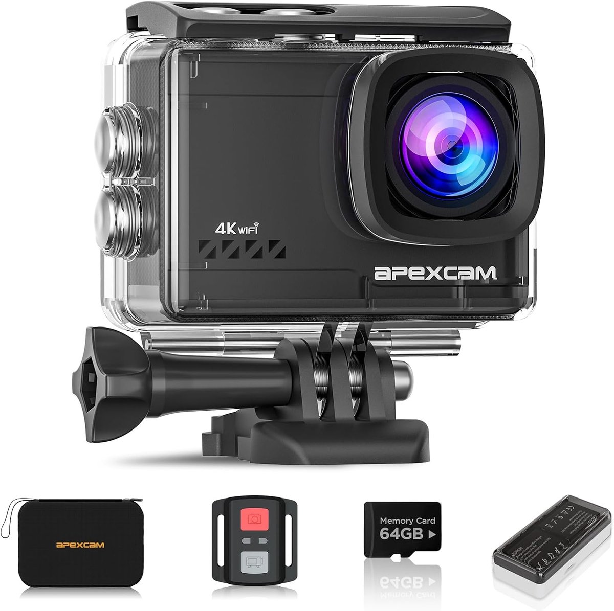 SnelShoppen - 4K Action Camera Sportcamera met 64GB Kaart, 60FPS, 64MP, Waterdicht tot 40M, EIS, WiFi, 2.4G Afstandsbediening, 2 x 1350mAh Batterijen