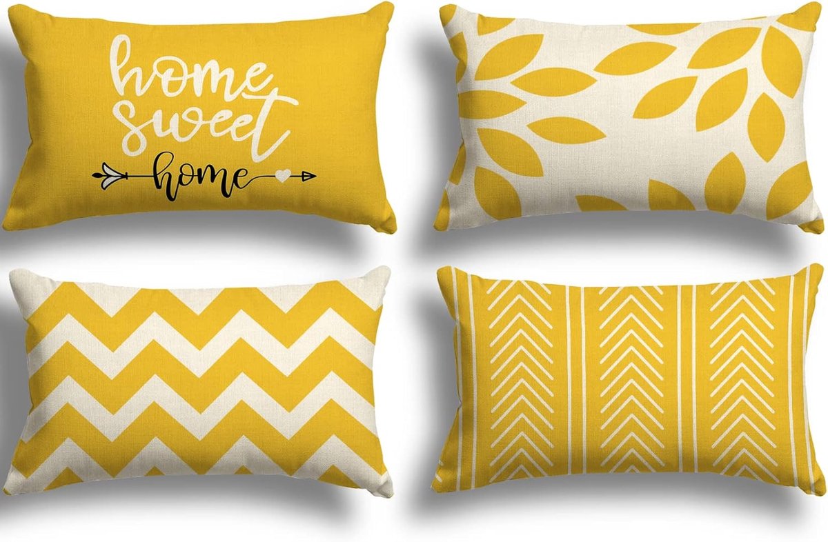 SnelShoppen - Set van 4 Decoratieve Kussenhoezen 30x50 cm - Geel Linnen Sierkussens voor Binnen en Buiten - Perfect voor Tuin, Woonkamer en Feestelijk