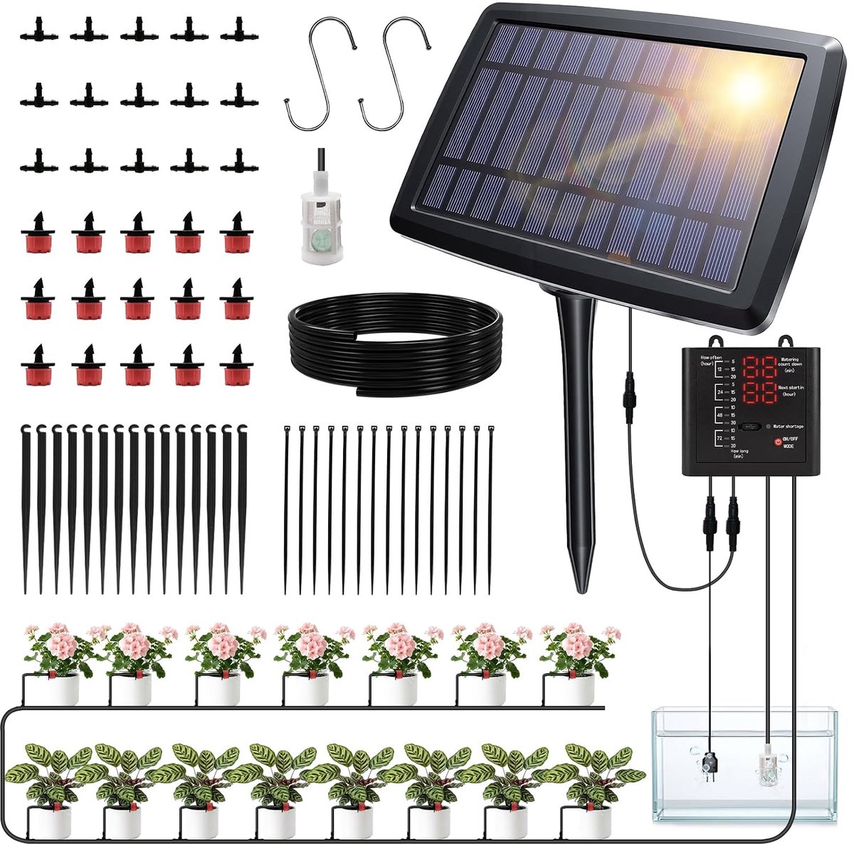 SnelShoppen - Bewateringssysteem op Zonne-energie, Automatisch Druppelirrigatiesysteem met 12 Timermodi, 15m Slang voor 15 Planten, Ideaal voor Tuin,