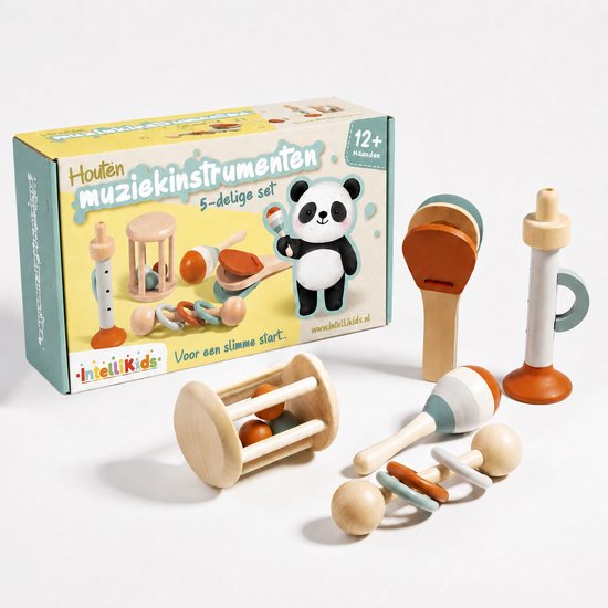 Houten muziekinstrumenten 5-delige set met panda illustratie, geschikt voor 12+ maanden.