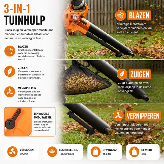 Celestul 3-in-1 Elektrische Bladblazer & Stofzuiger Incl. 40L Opvangzak - Blazen, Zuigen & Versnipperen - met 4 Wielen & Verstelbare Draagriem - 3000W - 260km/h Luchtsnelheid - op Snoer - Oranje — afbeelding 2