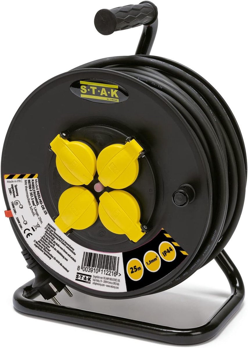 Thijox - Professionele Elektrische Kabelhaspel 25M met 4 Stopcontacten, Schuko-stekker, H07RN-F3G1.5MM2, Zware Stalen Frame, IP44, Voor Tuin, Camping