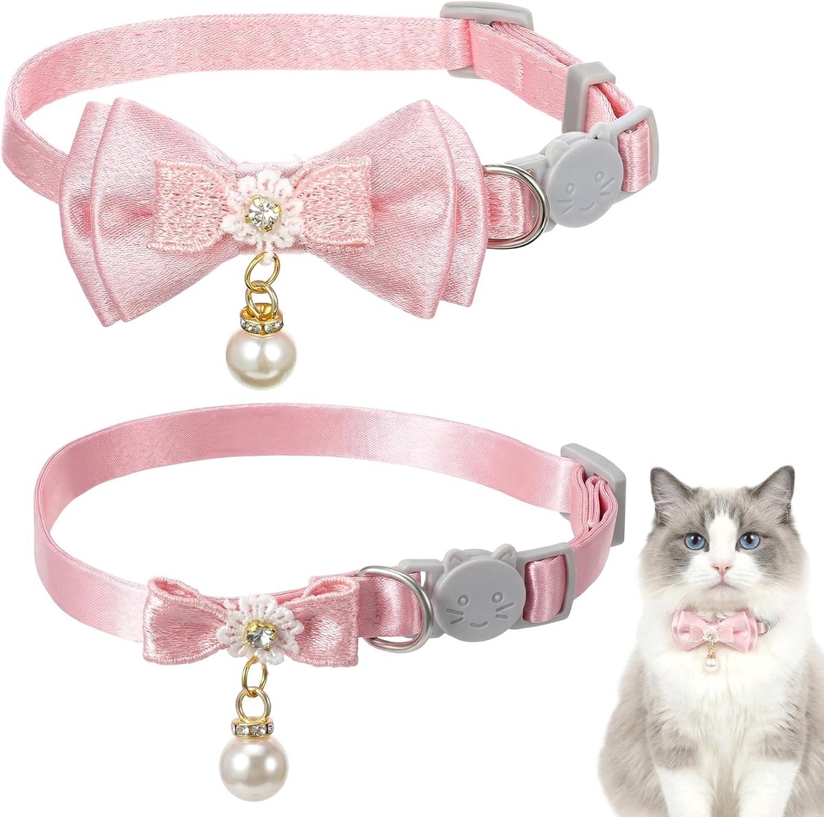 SnelShoppen - 2-pack Roze Kattenhalsbanden met Strik en Parelhanger, Verstelbaar, Schattige Halsband voor Poesjes, Zacht Polyester voor Dagelijks Gebr