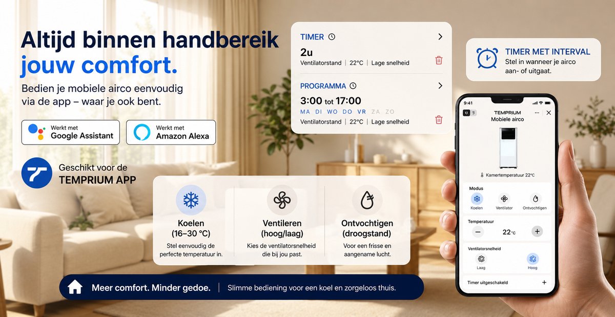 Temprium mobiele airco 7000 BTU SMART - Met afvoerslang - Draagbare Airco met App Bediening – 3 in 1 Koelen, Ventileren & Ontvochtigen – Airco Voor Slaapkamer en Woonkamer – Inclusief Raamkit — afbeelding 8