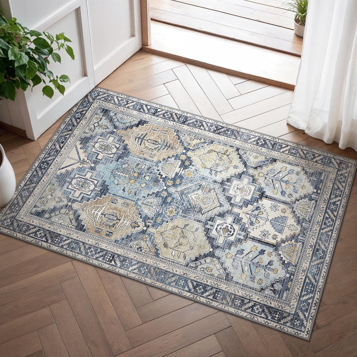 SnelShoppen - Vintage Vloerkleed 60x90cm, Antislip Wasbaar Tapijt, Zacht Kunstwol, Bohemian Design, Navy Blauw, Ideaal voor Woonkamer, Slaapkamer, Eet