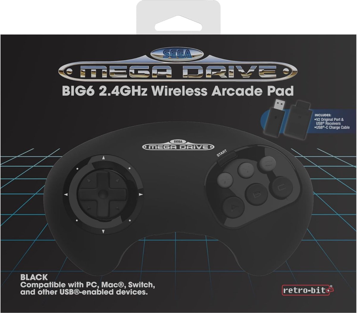 SnelShoppen - Retro 2.4 GHz Draadloze Arcade Controller Pad voor Mega Drive, SEGA, Switch, PC & Mac - Zwart, Met Oplaadbare Batterij