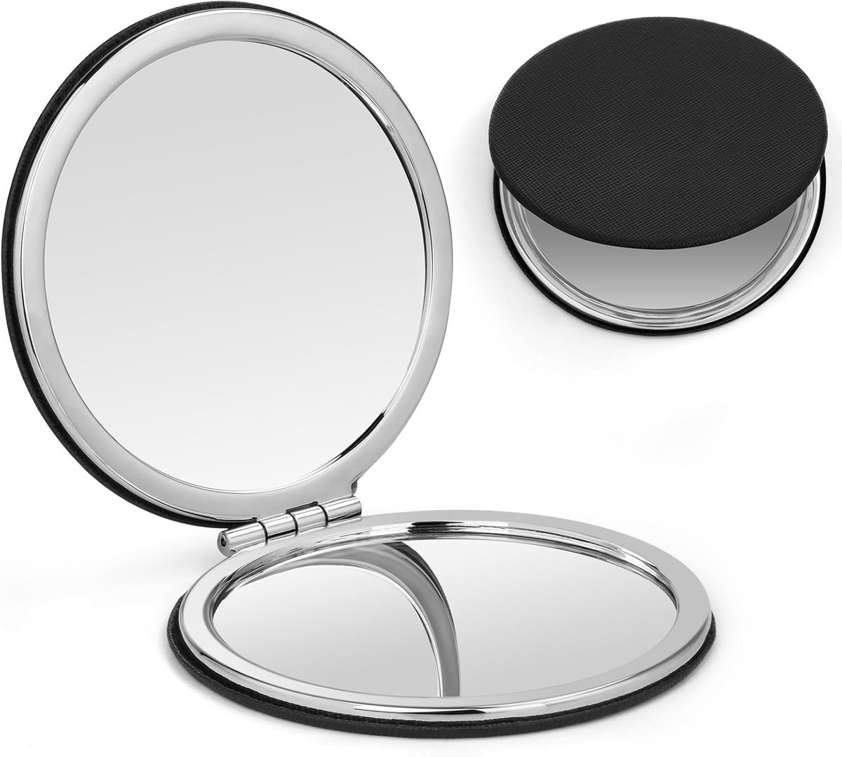 SnelShoppen - Compact Spiegel, Opvouwbare Make-up Spiegel met x1/x2 Vergroting, Reisspiegel voor Vrouwen en Mannen, Handtas Spiegel, Zwart Leer, Dubbe