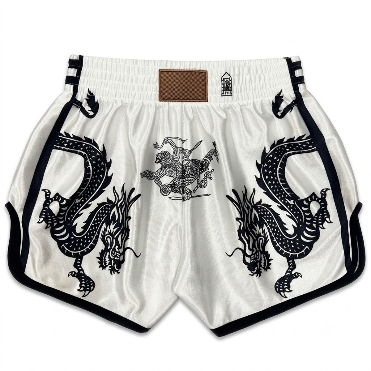 Witte boksbroek heren maat M met zwarte draken en tijger print – sport short vechtsport training broek met elastische tailleband en traditionele grafische details