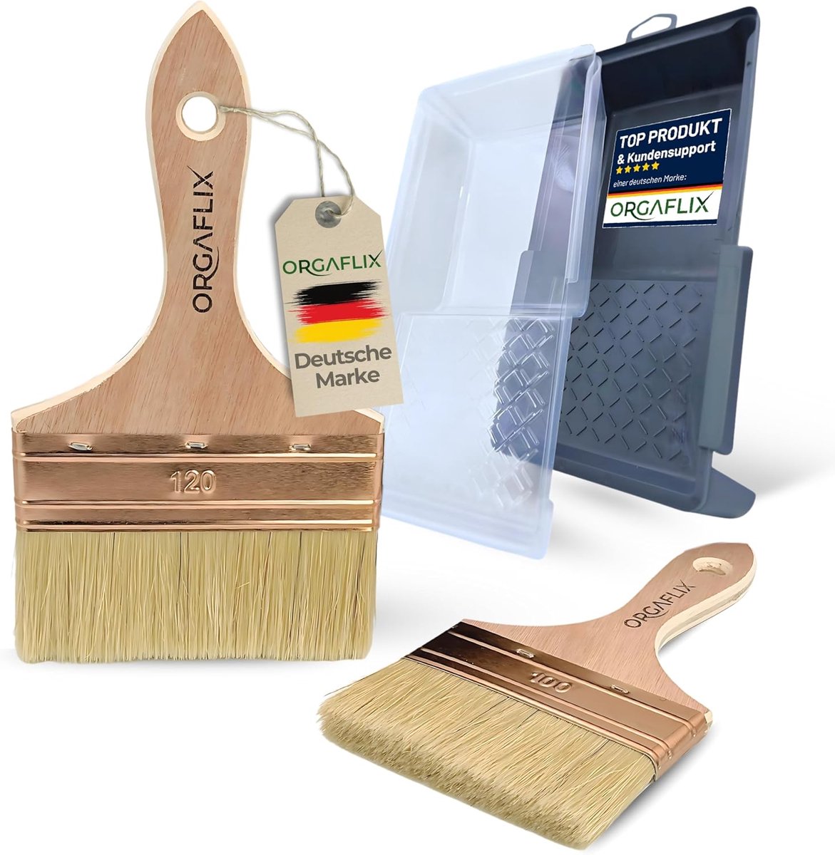 SnelShoppen - Professionele Kwasten Set met Verf Tray 15x30 cm en 2 Invoegen, Platte Kwast 120 mm + 100 mm, Verfkwast voor Olie, Lak, Glazuur, Restaur