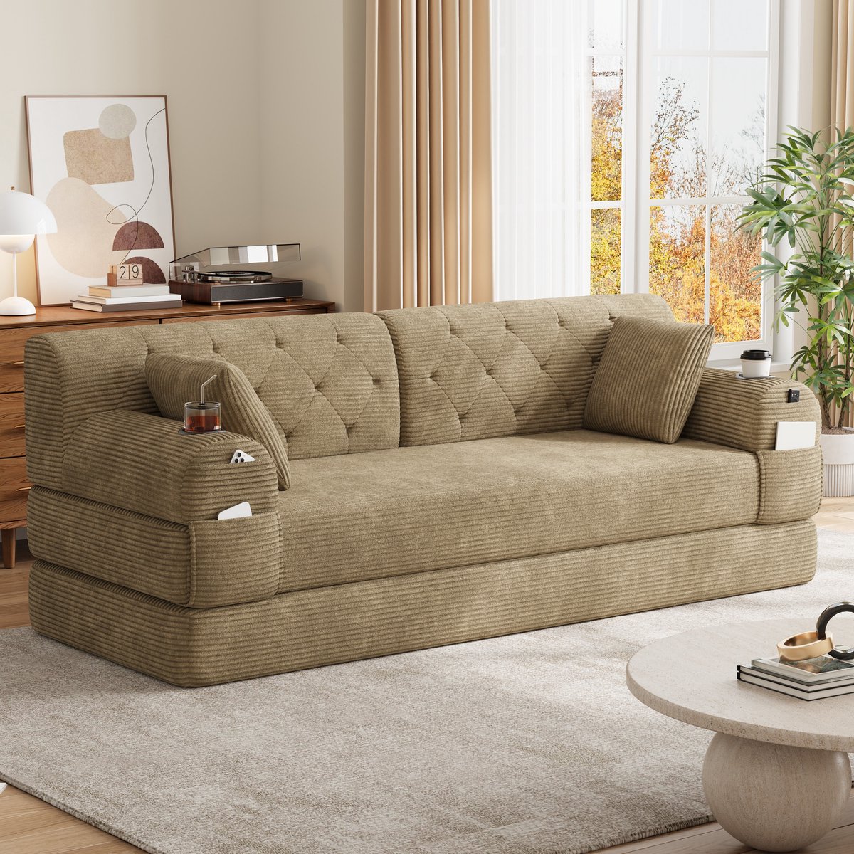 STILVORA Slaapbank 208 x 80 x 81 cm - 3-Zits Met Hoge Rugleuning En Slaapfunctie - Voor Woonkamer En Kleine Ruimtes - Cordstof Khaki