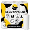 Verpakking van 32 rollen Kurtt keukenpapier, 2-laags, 50 vellen per rol. Verpakking met zwart, geel en witte print.