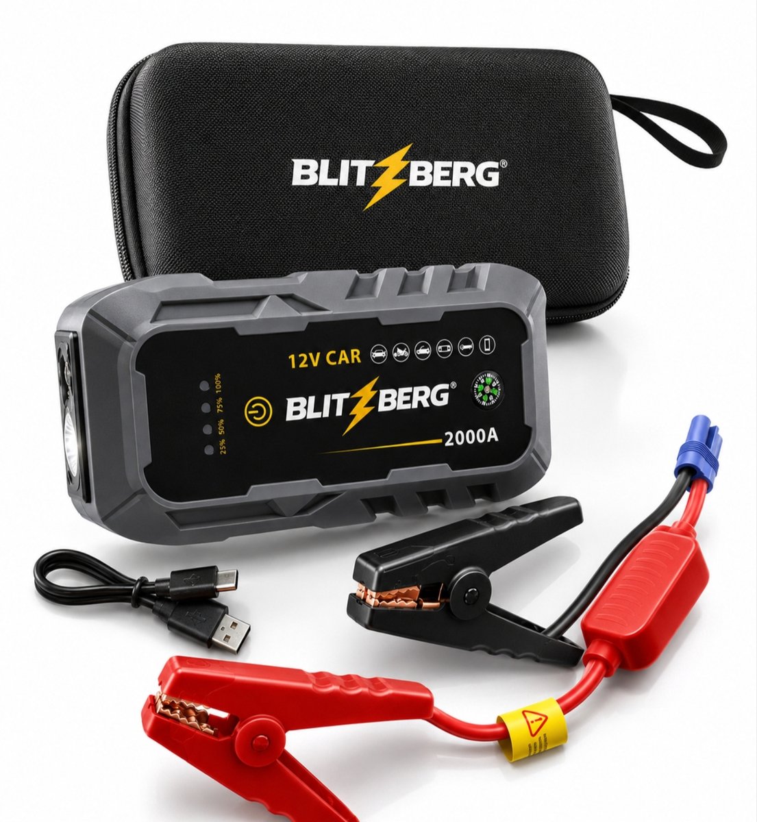 Blitzberg® Professionele Jumpstarter 22.000 mAh - 2000A Auto Starthulp & Pechhulp booster - 6-in-1 - Powerbank - IP66 Waterdicht - Voor 12V Benzine- en Diesel voertuigen - 2x USB-A + USB-C - LED Zaklamp & SOS - Inclusief Beschermhoes