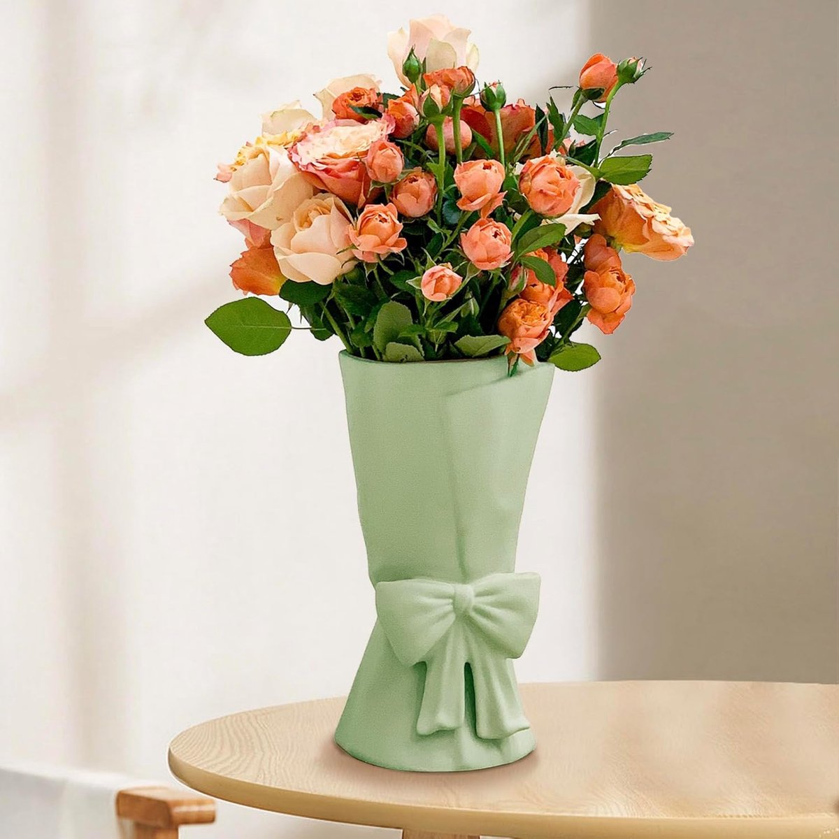 SnelShoppen - Moderne Boho Vaasje 24,5 cm Groen Keramisch Vaas met Strik - Decoratieve Aesthetic Bloemenvase voor Boeket, Pampasgras voor Woonkamer, S