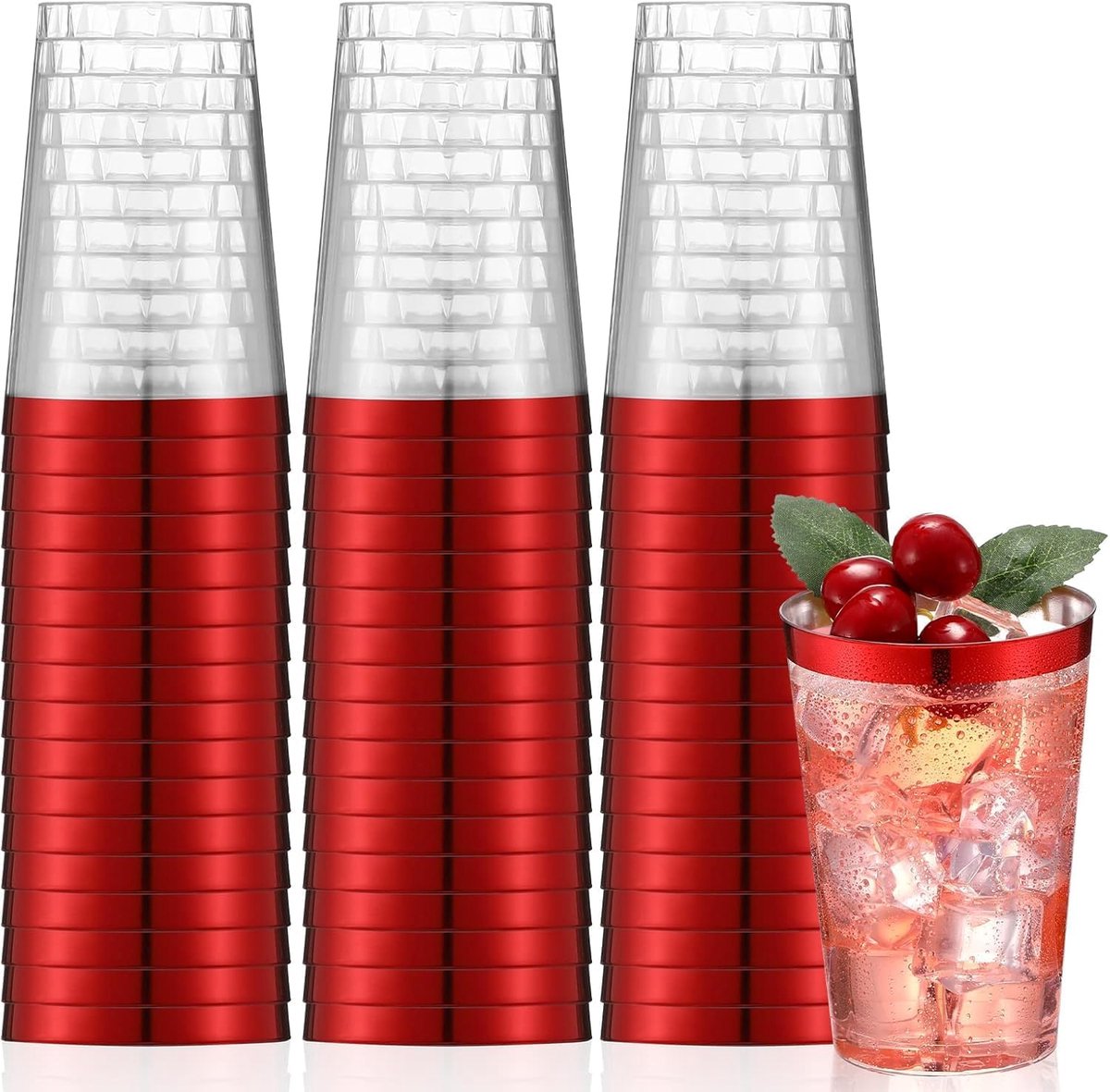 SnelShoppen - 50 Stuks Elegante Rode Rand Plastic Bekers 360ml Herbruikbare Drinkbekers voor Feest, Tuin, Camping, Cocktail, Champagne, Bier, Martini,