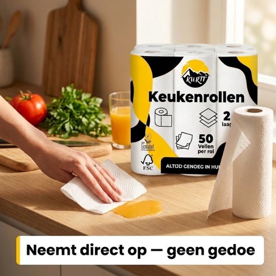 Keukenrol van Kurtt met zwart-gele opdruk, 96 rollen. Een hand pakt een vel keukenpapier van een houten aanrecht, waarop een plasje is gemorst.