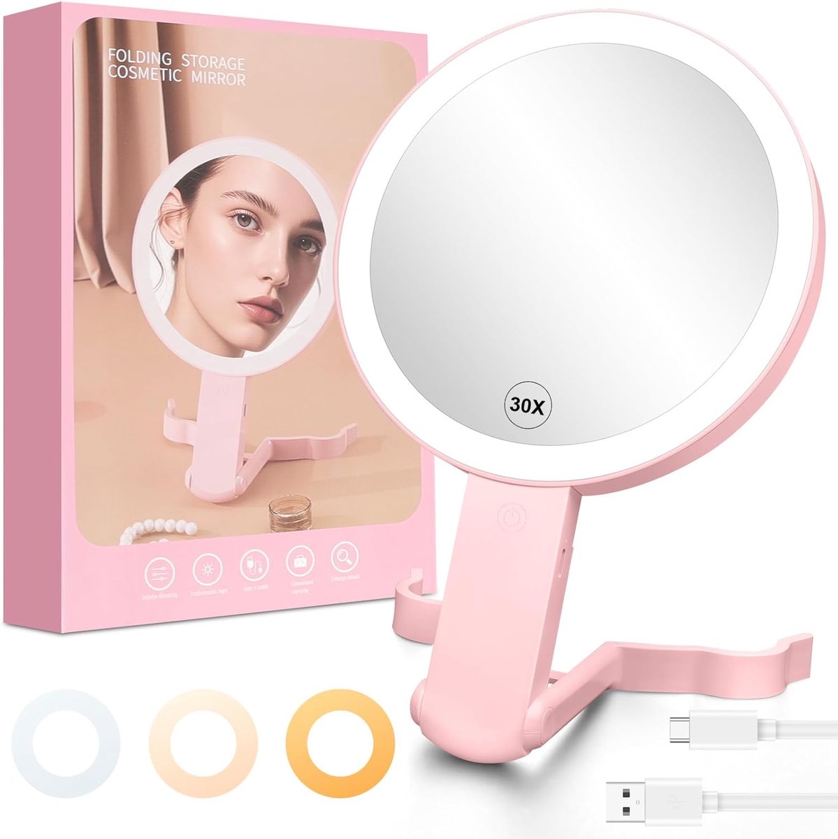 SnelShoppen - Oplaadbare Makeup Spiegel met Verlichting, Dubbelzijdige 30X/1X Vergroting, 3 Kleuren Instelbare Verlichting, 360° Draaibare Vouw Spiege
