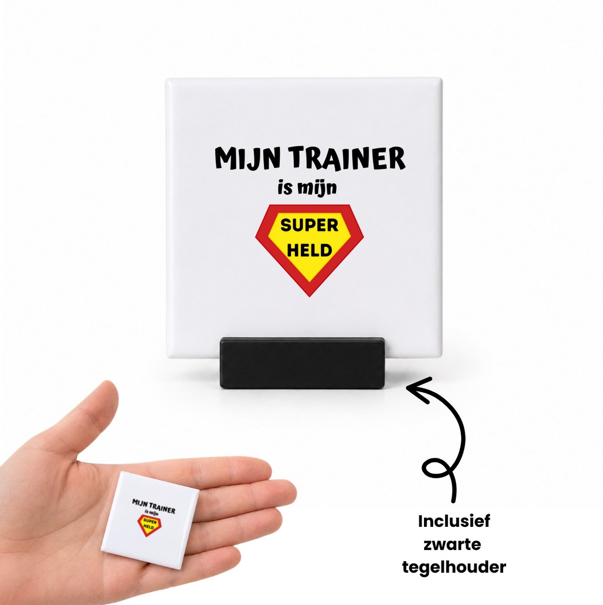 Hacebo mijn trainer is mijn superheld tegeltje met tegelhouder - Trainer - super trainer - tegeltjes met tekst - sport - verjaardag - cadeautje voor trainer - trainer artikelen - kado - geschenk - spreuktegels - 4.8x4.8 CM Wit
